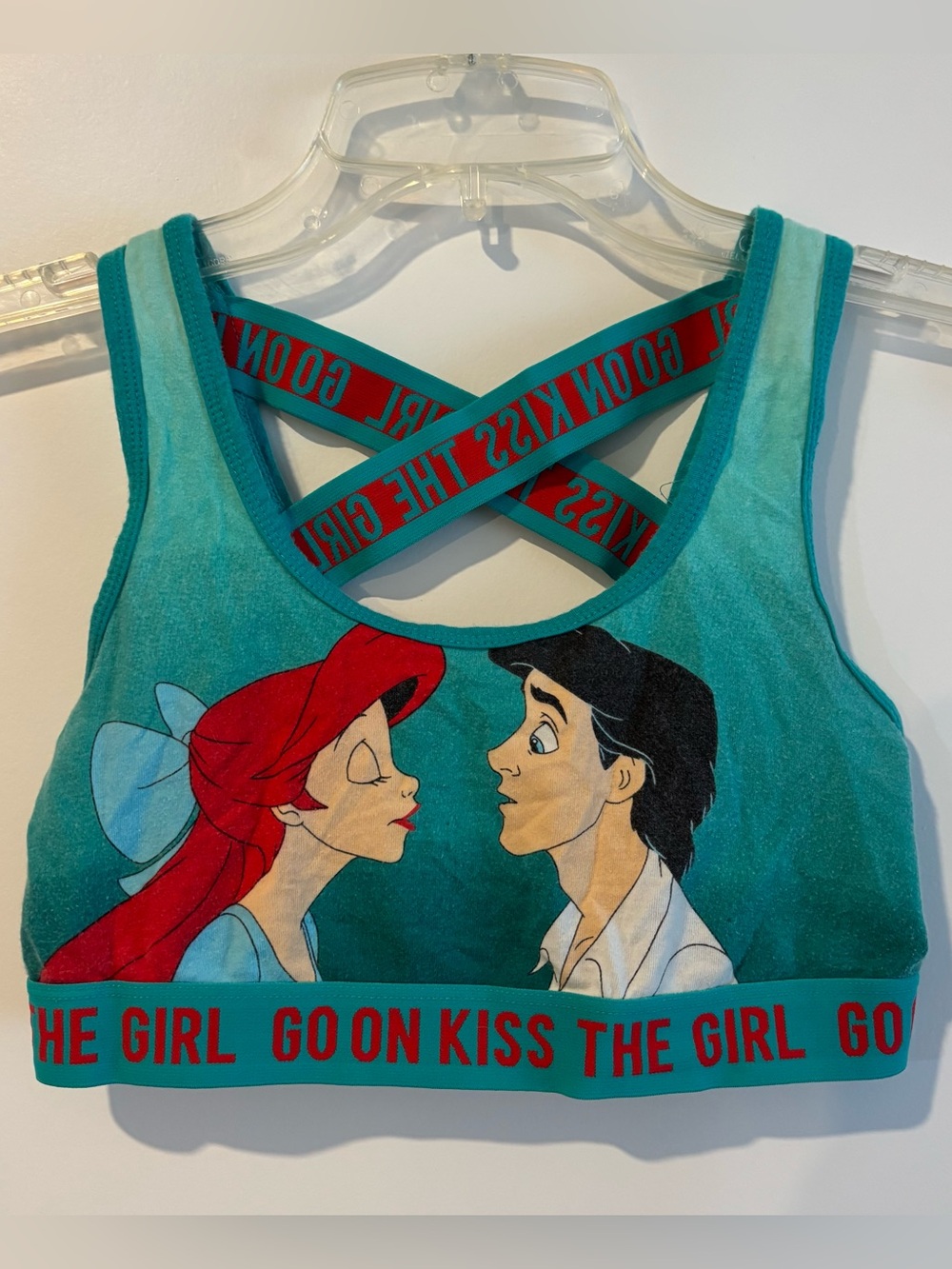 Disney Teal & Red Crisscross Sports Bra The Little Mermaid Kiss the Girl